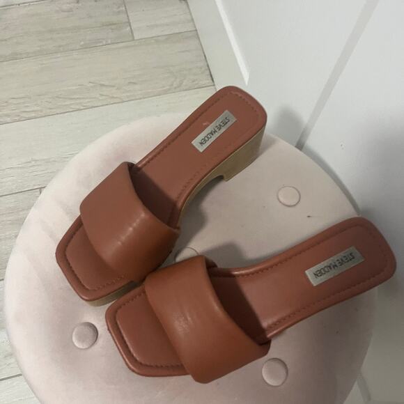 Steve Madden Brown Leather Wooden Block Heel Sandals Size 9 - Picture 3 of 5